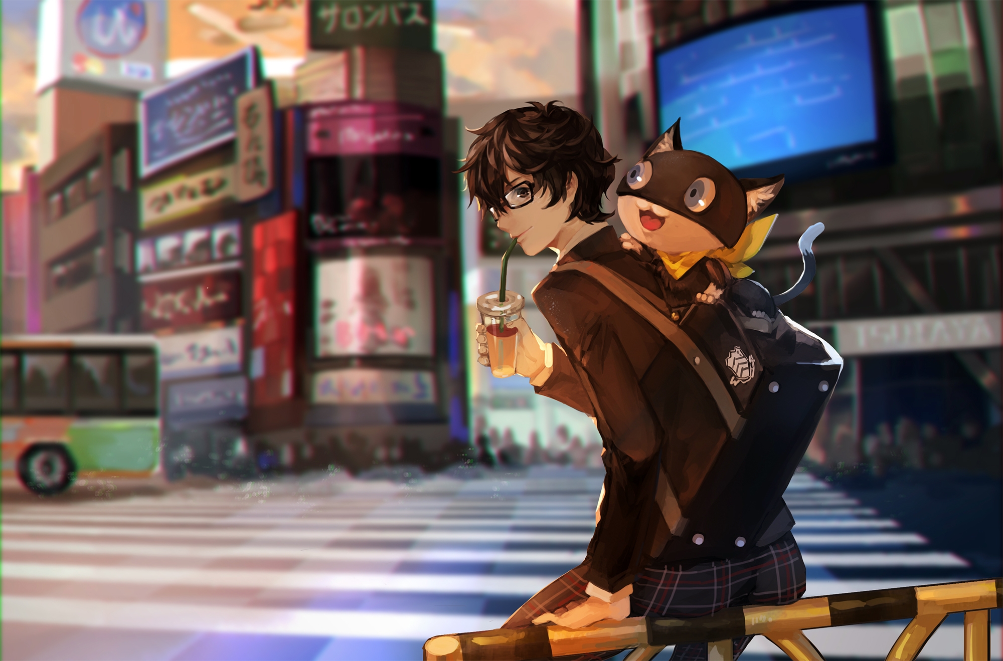 Фото обои persona 5, моргана, курусу акира, очки, питьевой, аниме-игры, город, игры - бесплатные картинки на Fonwall