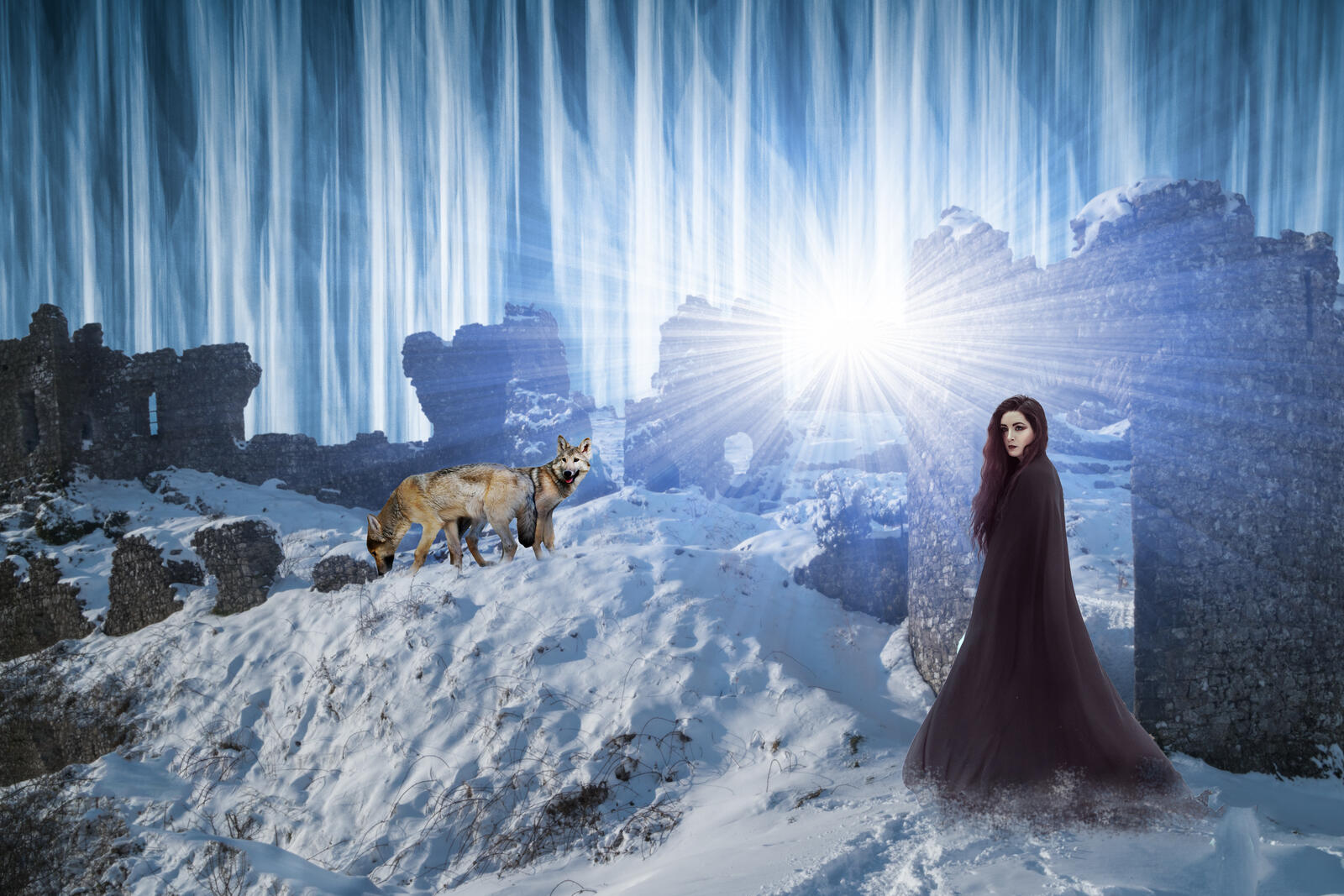 Free photo the girl and the wolves