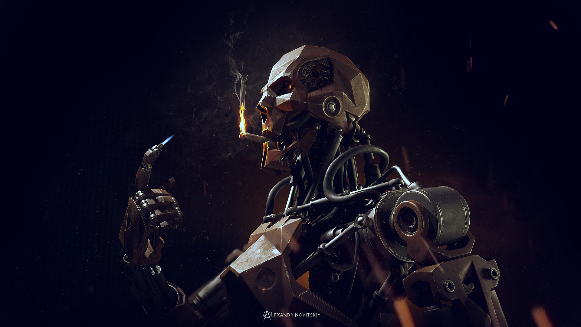 Photo robot, skeleton, cigarette, dark background, artist, artwork, digital art, rendering - free pictures on Fonwall