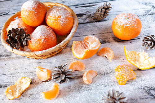 Tangerines in a wicker bowl