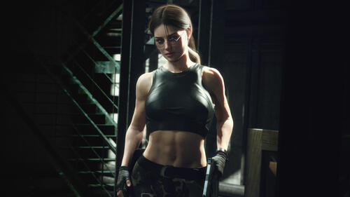 Lara Croft in a darkened room