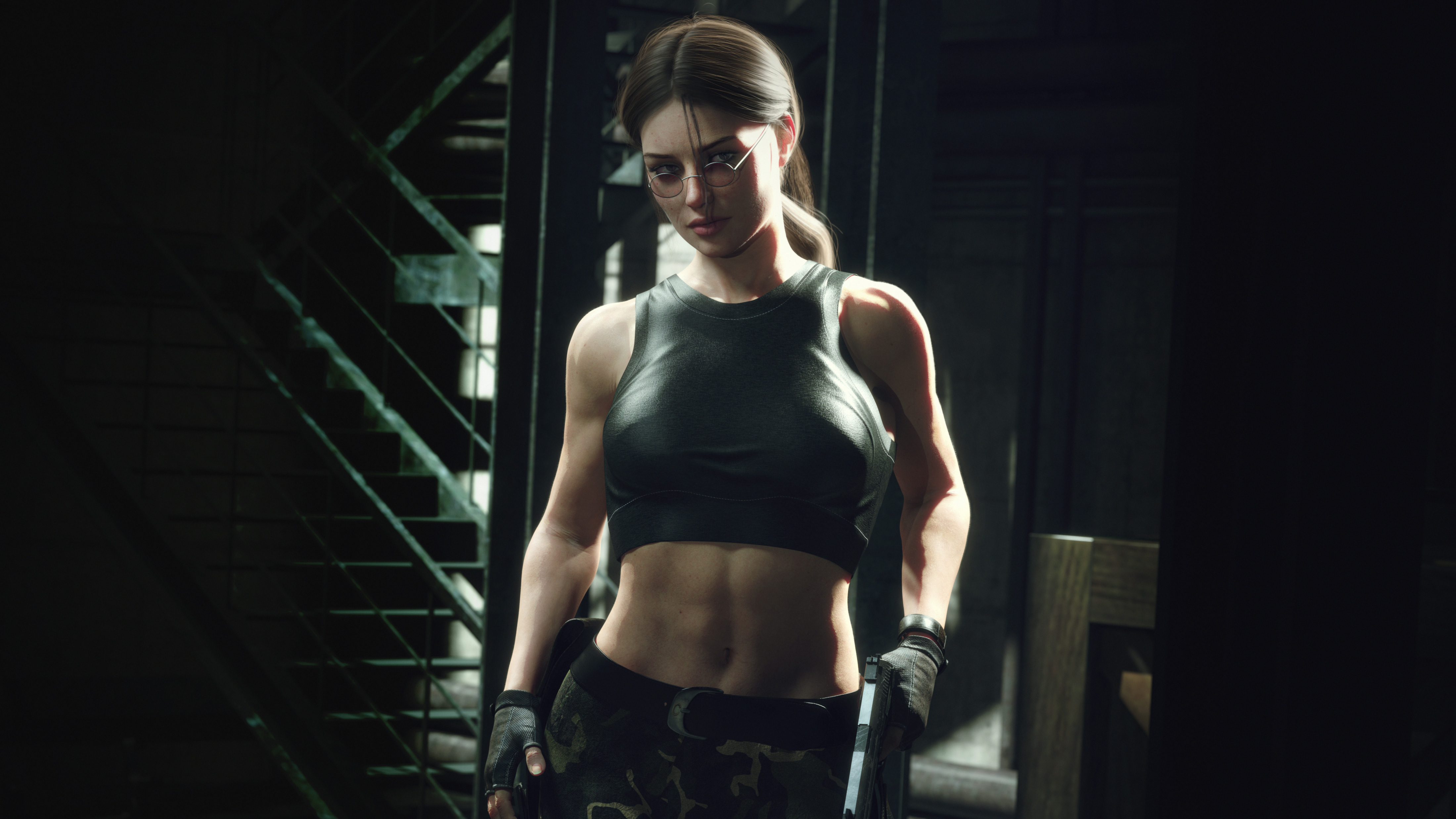 Free photo Lara Croft in a darkened room