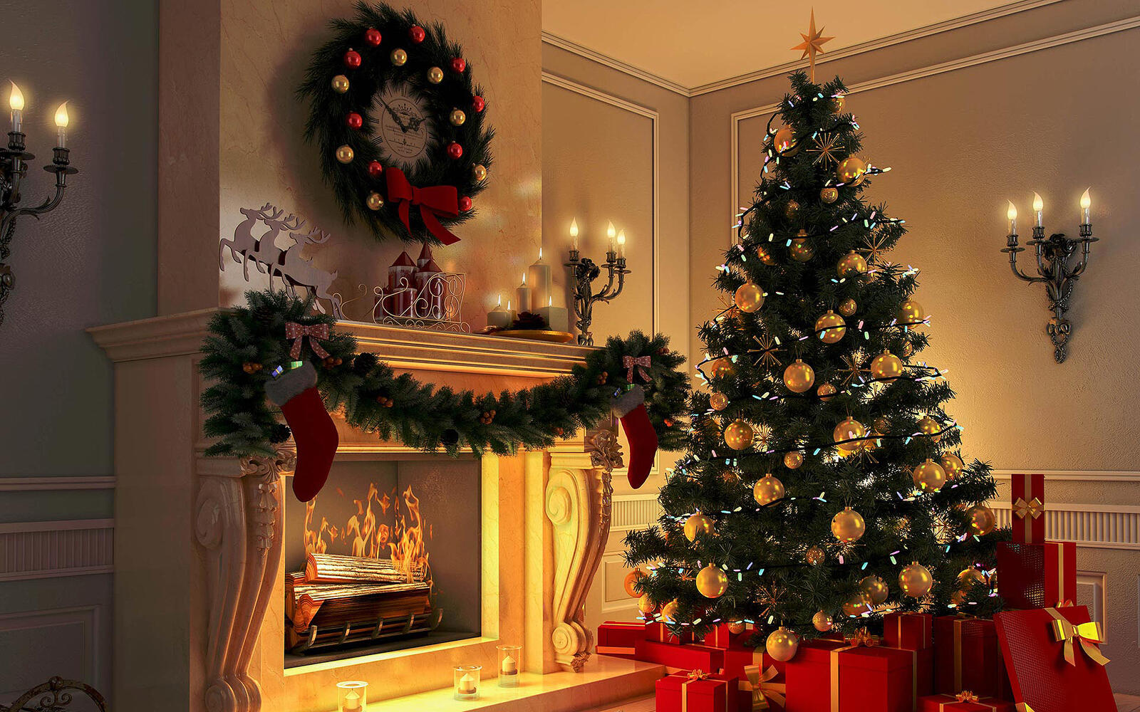 Бесплатное фото Новогодняя елка с большими подарками под ней