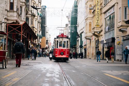 Red streetcar on the streets of Istanbul