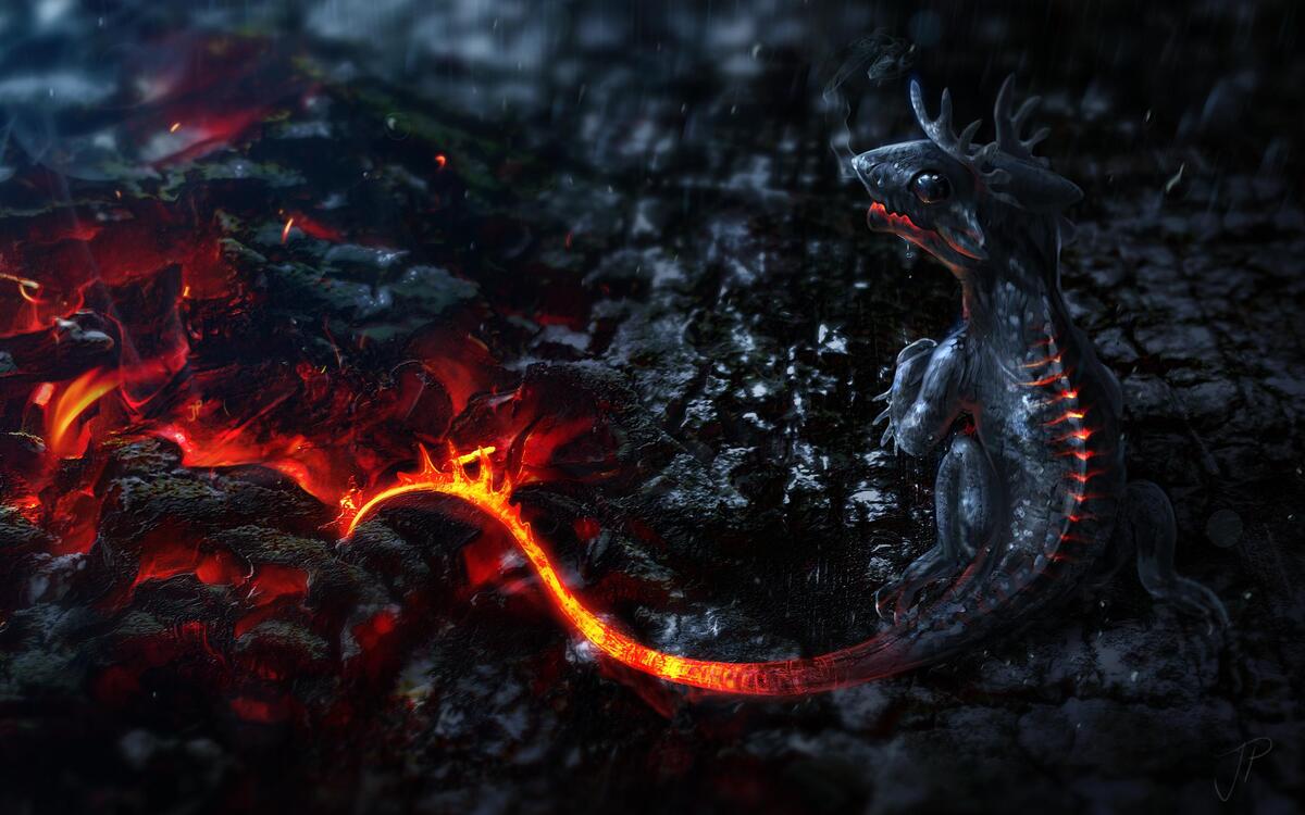 A cute little dragon rising from the lava.