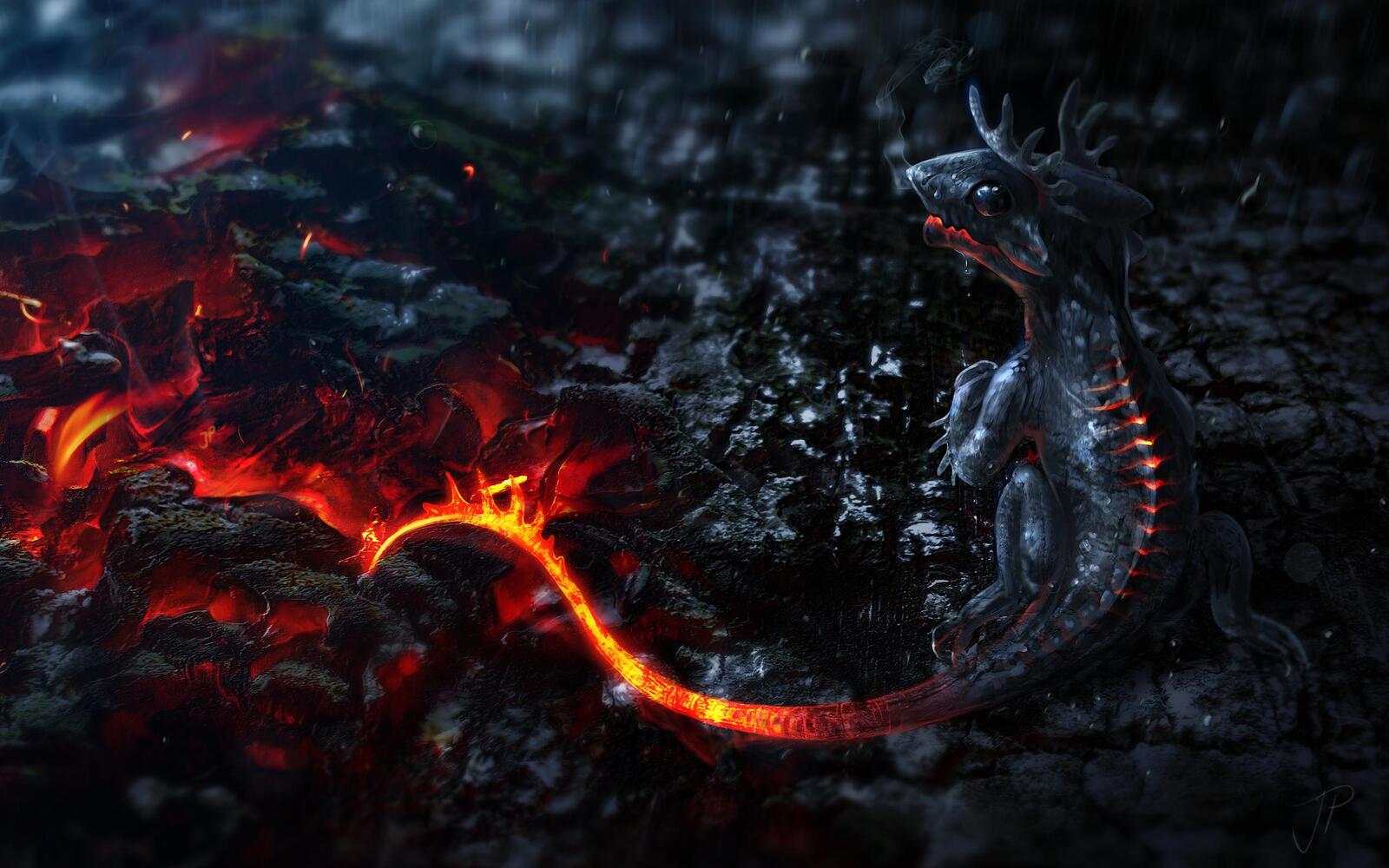 Free photo A cute little dragon rising from the lava.