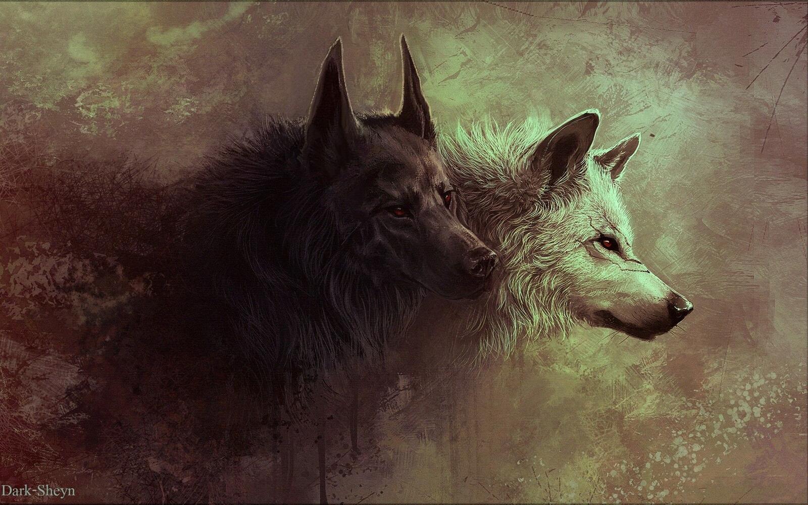 Wallpapers wolves black and white red eyes on the desktop