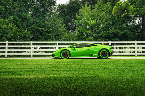 Lamborghini Huracan in green color on the background of a green field