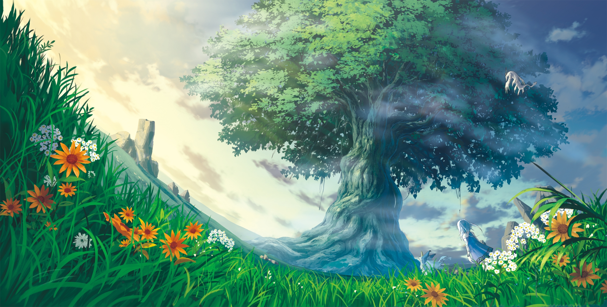 Фото бесплатно обои аниме пейзаж, дерево, цветы